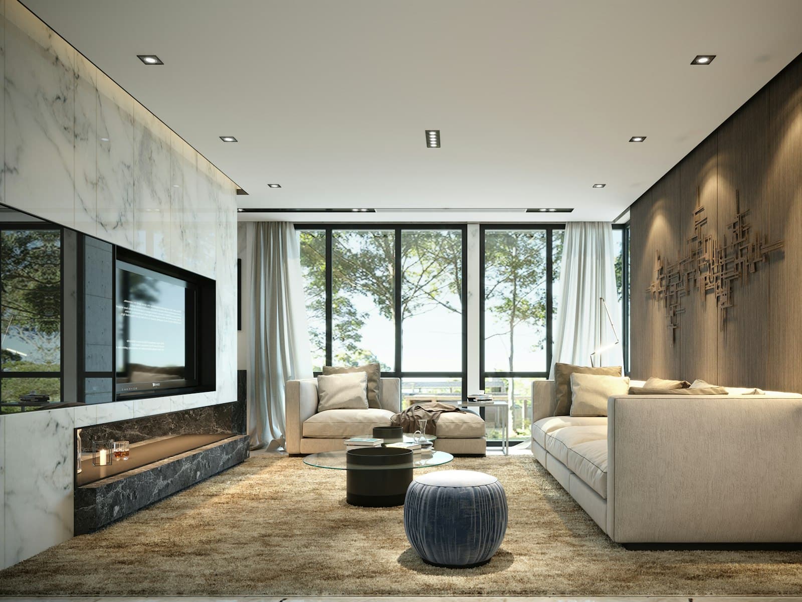 Open-plan living area with a stone feature wall and a garden view