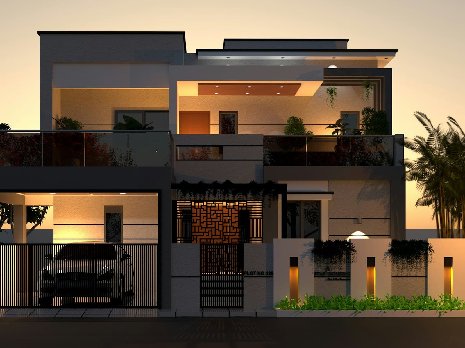 Contemporary home lit at dusk, seen from the entrance